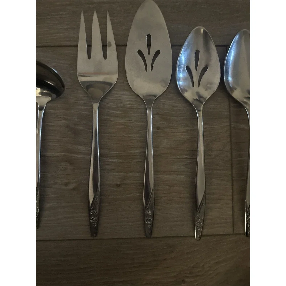 7 PCs International Silver INS88‎ Stainless IS Rose Tip Serving Set Spoon Fork